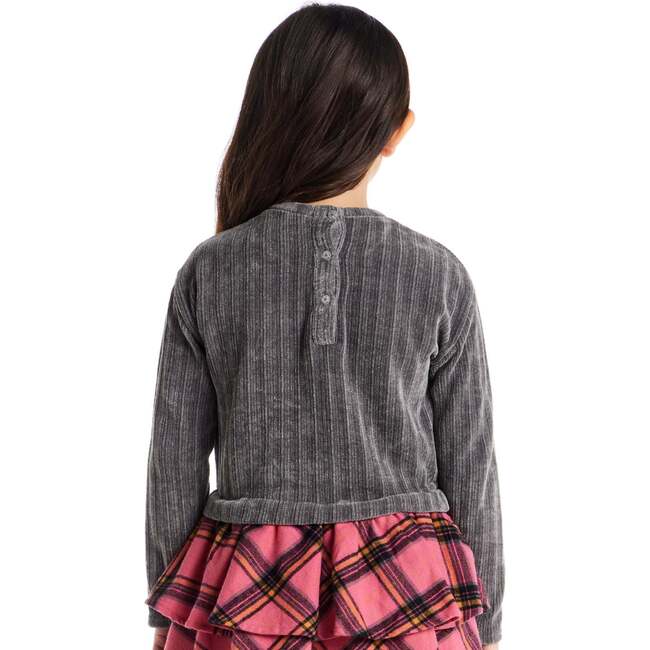 Kids Knit Top Plaid Skirt Dress, Grey & Pink Heart - Dresses - 3