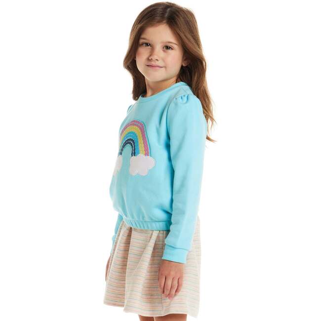 Kids Crewneck Ft Sweatshirt W/Knit Dress Set, Teal Rainbow - Dresses - 3