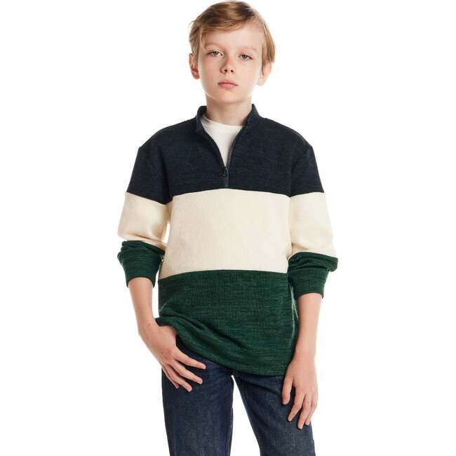 Kids Colorblocked Quarter Zip Sweater, Green Stripe - Sweaters - 2