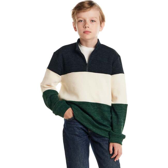 Kids Colorblocked Quarter Zip Sweater, Green Stripe - Sweaters - 4