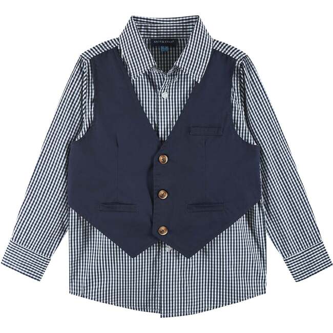 Kids 3-Piece "Dapper-in-a-Dash" Vest Set, Navy Gingham - Mixed Apparel Set - 3