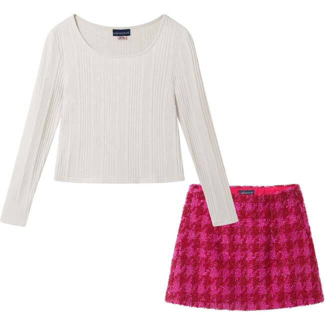 Big Kids Rib Jersey  Tee & Tweed Skirt Set, Ivory
