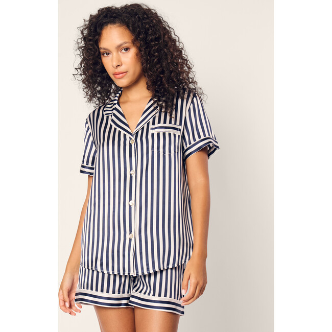 Women's Silk Short Set, Navy Bengal Stripe - Pajamas - 2