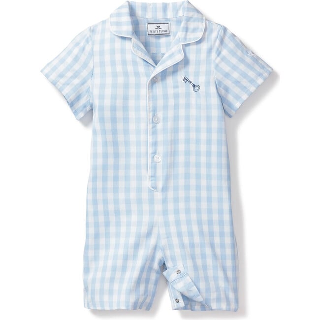 Petite Plume x Masionette Key To My Heart Embroidery Romper, Light Blue Gingham - Rompers - 1