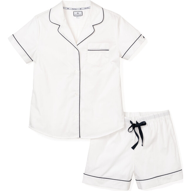 Women's Short Sleeve Short Set, White & Navy Piping - Pajamas - 1