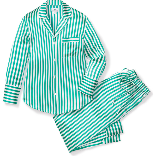 Women's Mulberry Silk Pajama Set, Green Stripe - Pajamas - 1