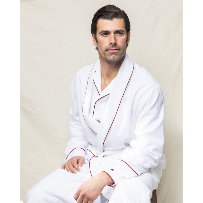 Men's Flannel Robe, White with Red Piping - Robes - 2