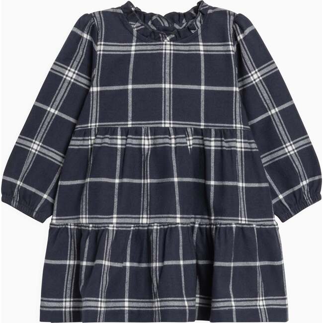Neela Flannel Ruffle Neckline Long Sleeve Dress Navy Plaid