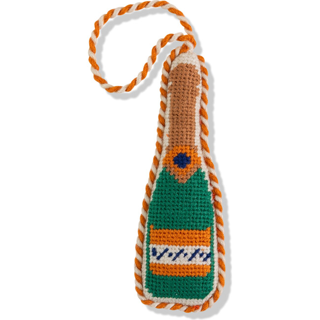 Needlepoint Icon Ornament - Champagne Bottle, Green