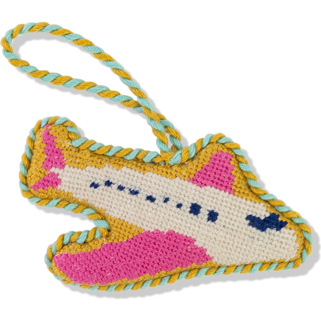 Needlepoint Icon Ornament  - Airplane, Yellow Pink, White