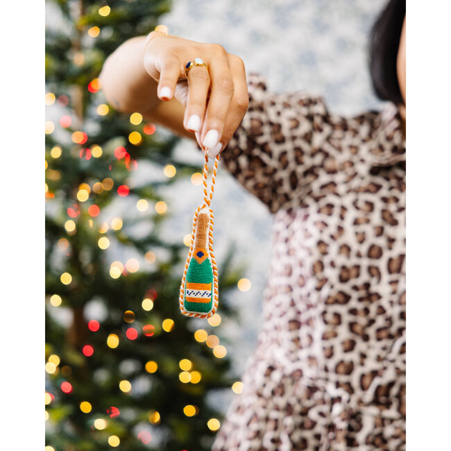 Needlepoint Icon Ornament - Champagne Bottle, Green
