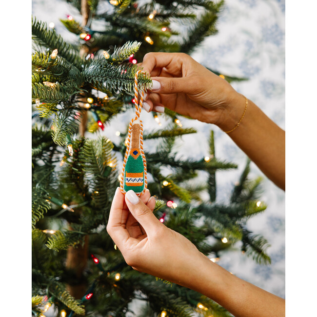 Needlepoint Icon Ornament - Champagne Bottle, Green - Ornaments - 3