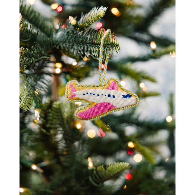Needlepoint Icon Ornament  - Airplane, Yellow Pink, White - Ornaments - 4