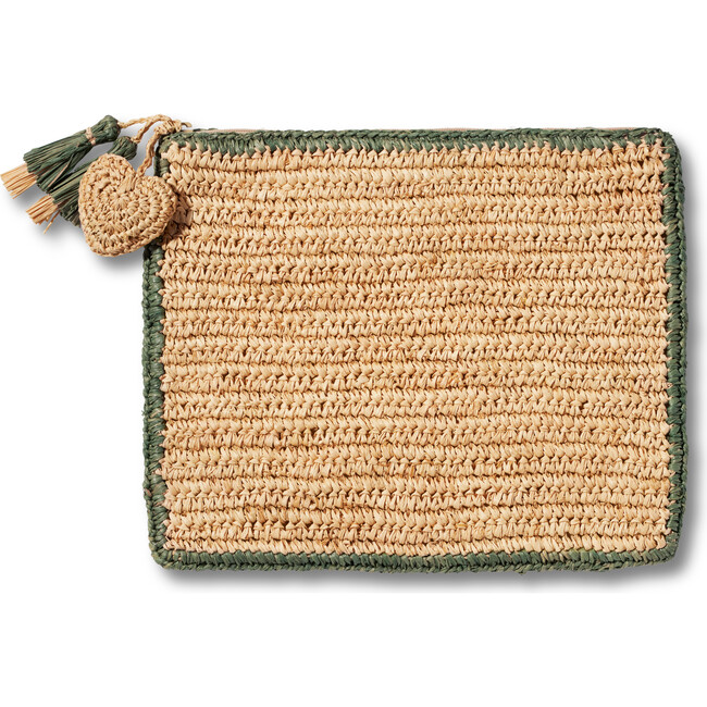 Large Raffia Pouch with Border, Sage