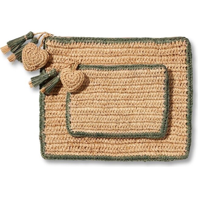 Large Raffia Pouch with Border, Sage - Bags - 2