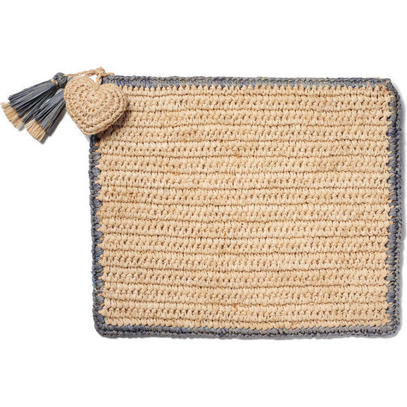 Large Raffia Pouch with Border, Denim Blue