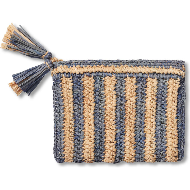 Small Striped Raffia Zip-Pouch, Denim Blue