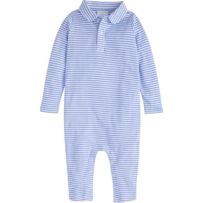 Long Sleeve Striped Polo Romper, Light Blue