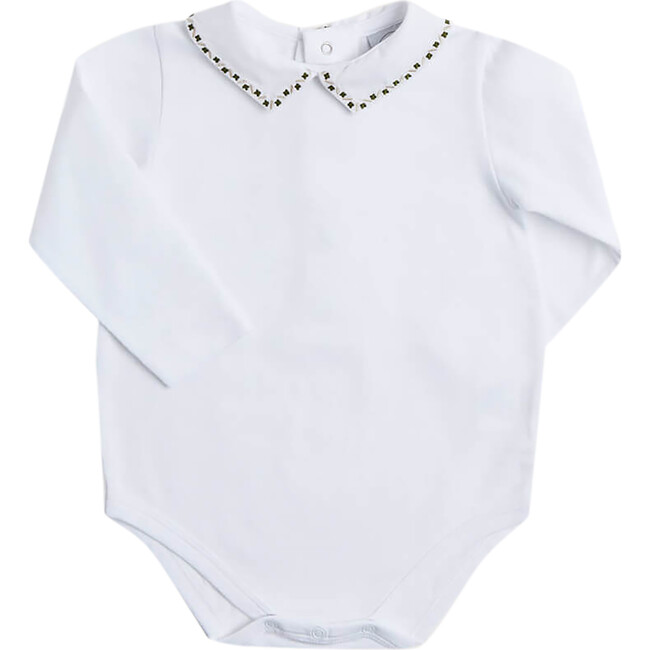 Embroidered Polo Collar Bodysuit, White