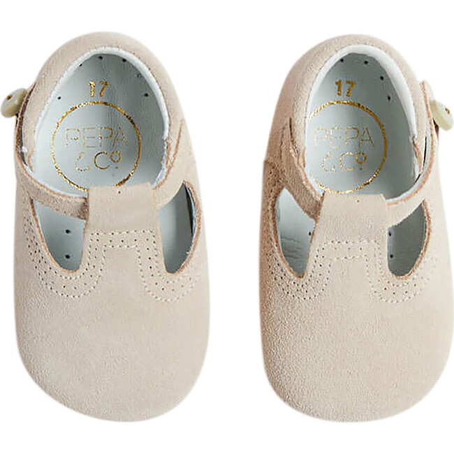 Baby Suede T-Bar Pram Shoes, Beige