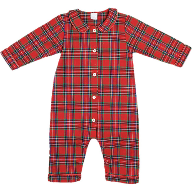 All-In-One Tartan Peter Pan Collar Smocked Onesie, Red - Onesies - 1