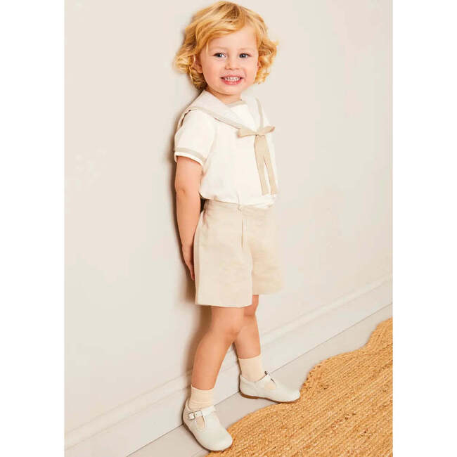 Waterford Stripe Mariner Collar Short Sleeve Two Piece Set in Beige