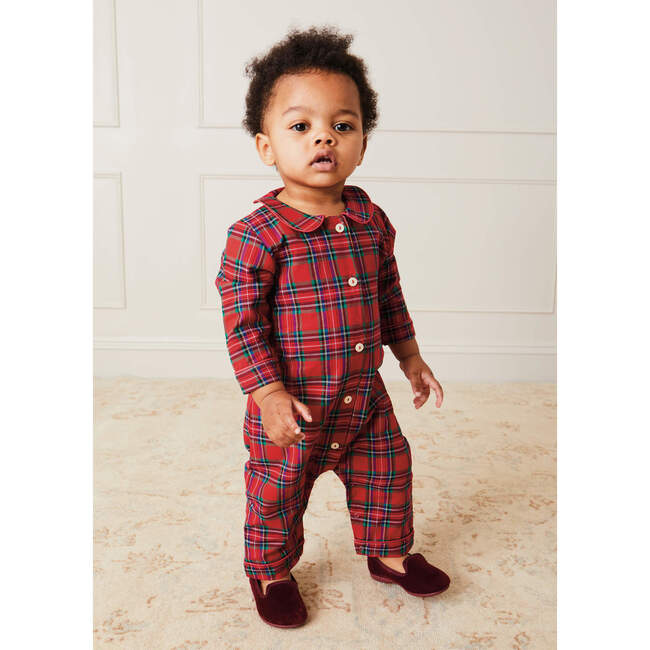 All-In-One Tartan Peter Pan Collar Smocked Onesie, Red - Onesies - 2