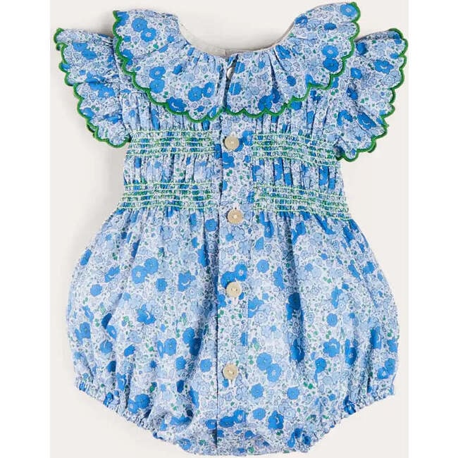 Olivia Floral Smocked Ruffle Collar Sleeveless Romper in Blue - Rompers - 1
