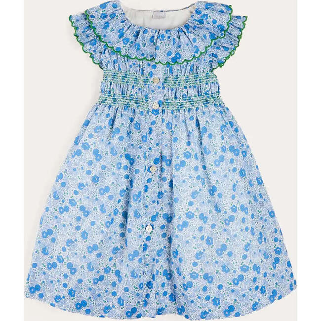 Olivia Floral Smocked Ruffle Collar Sleeveless Dress in Blue - Dresses - 1