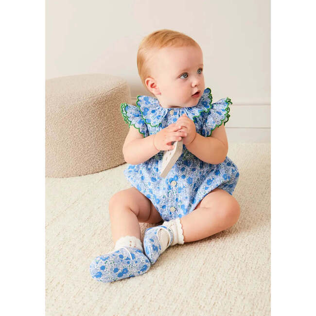 Olivia Floral Smocked Ruffle Collar Sleeveless Romper in Blue - Rompers - 2
