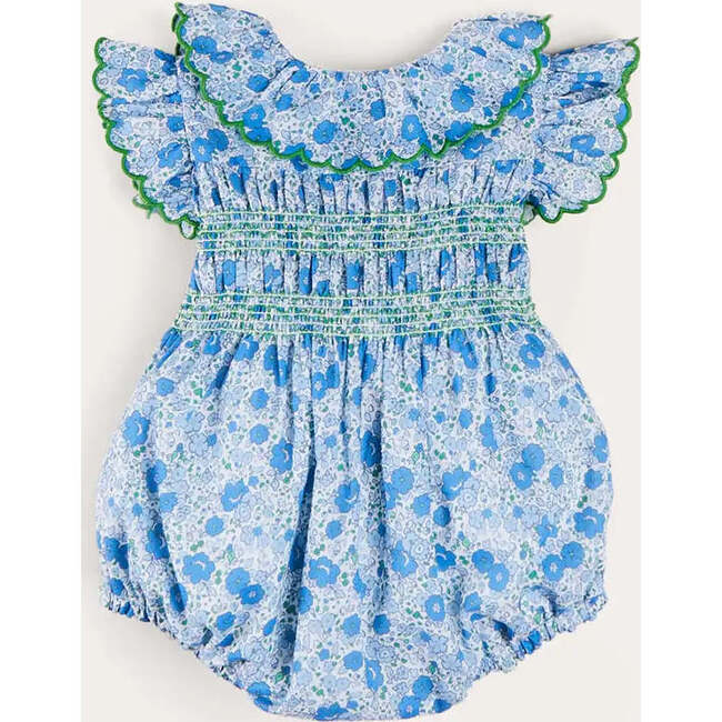 Olivia Floral Smocked Ruffle Collar Sleeveless Romper in Blue - Rompers - 3