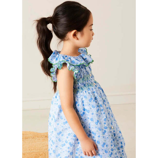 Olivia Floral Smocked Ruffle Collar Sleeveless Dress in Blue - Dresses - 3