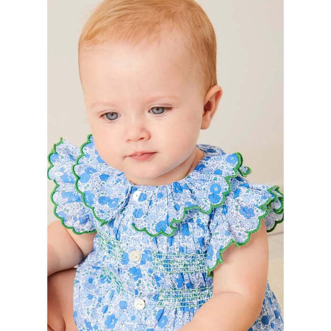 Olivia Floral Smocked Ruffle Collar Sleeveless Romper in Blue - Rompers - 4