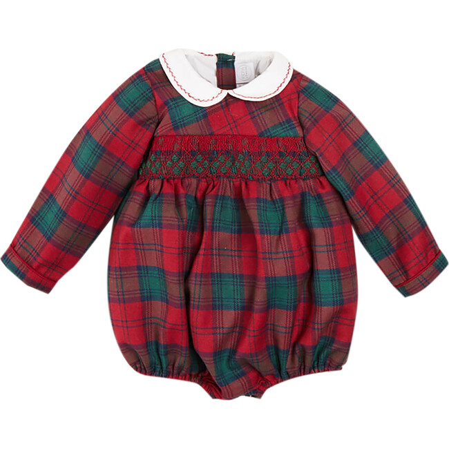 Tartan Hand-Smocked Peter Pan Collar Romper, Red - Onesies - 1