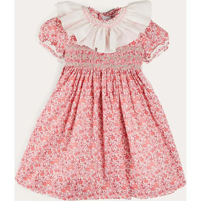 Emilia Floral Hand Smocked Ruffle Collar Short Sleeve Dress in Pink
