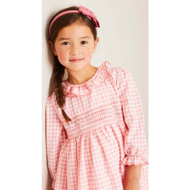 Gingham Smocked Ruffle Collar Long Sleeve Dress in Coral - Dresses - 4