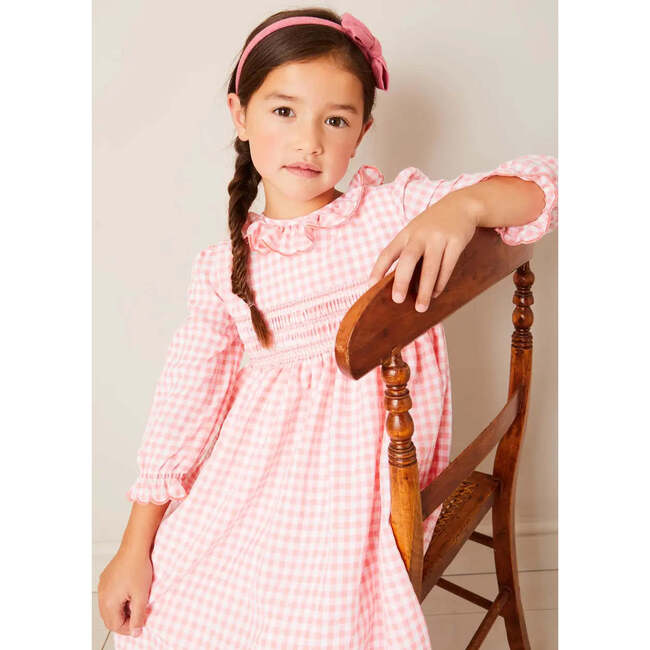 Gingham Smocked Ruffle Collar Long Sleeve Dress in Coral - Dresses - 5