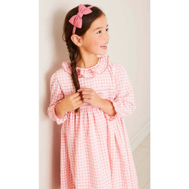 Gingham Smocked Ruffle Collar Long Sleeve Dress in Coral - Dresses - 7