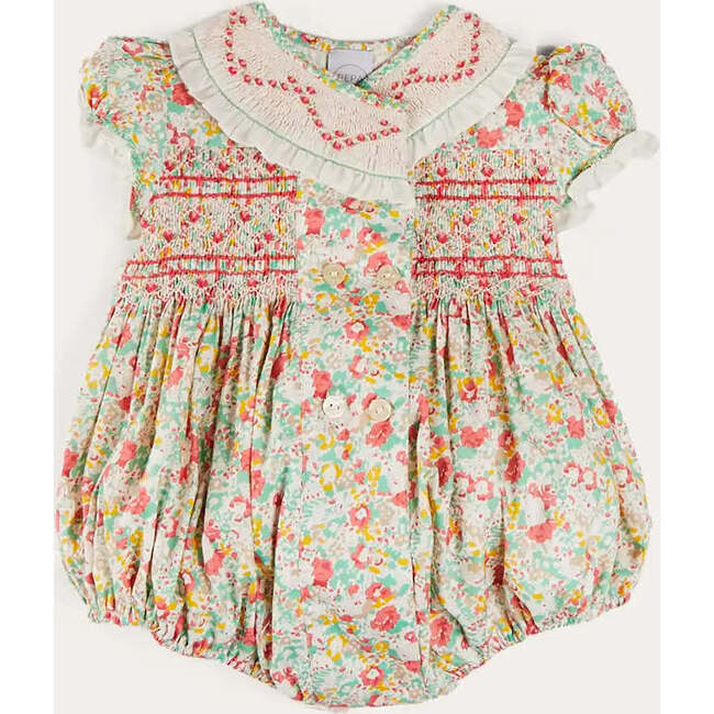 Clementine Floral Hand Smocked Double Breasted Short Sleeve Romper in Coral - Rompers - 1