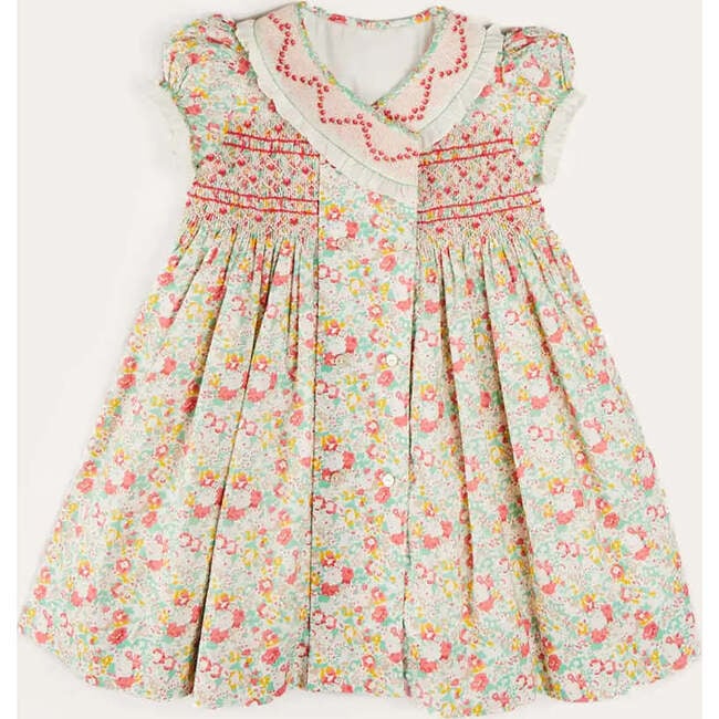 Clementine Floral Hand Smocked Double Breasted Short Sleeve Dress in Coral - Dresses - 1