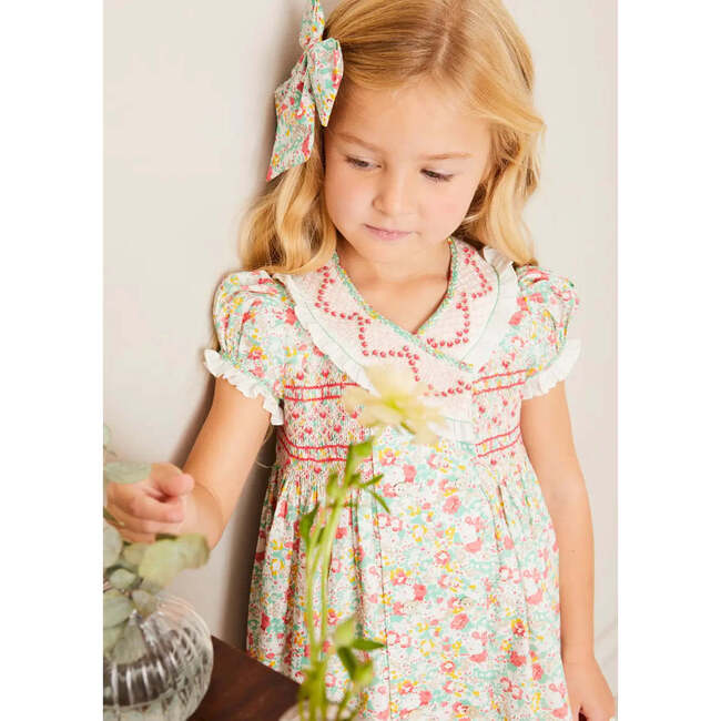 Clementine Floral Hand Smocked Double Breasted Short Sleeve Dress in Coral - Dresses - 2