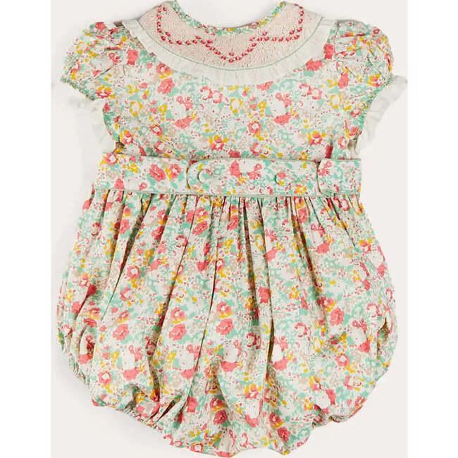 Clementine Floral Hand Smocked Double Breasted Short Sleeve Romper in Coral - Rompers - 3