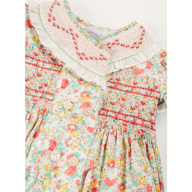 Clementine Floral Hand Smocked Double Breasted Short Sleeve Romper in Coral - Rompers - 4