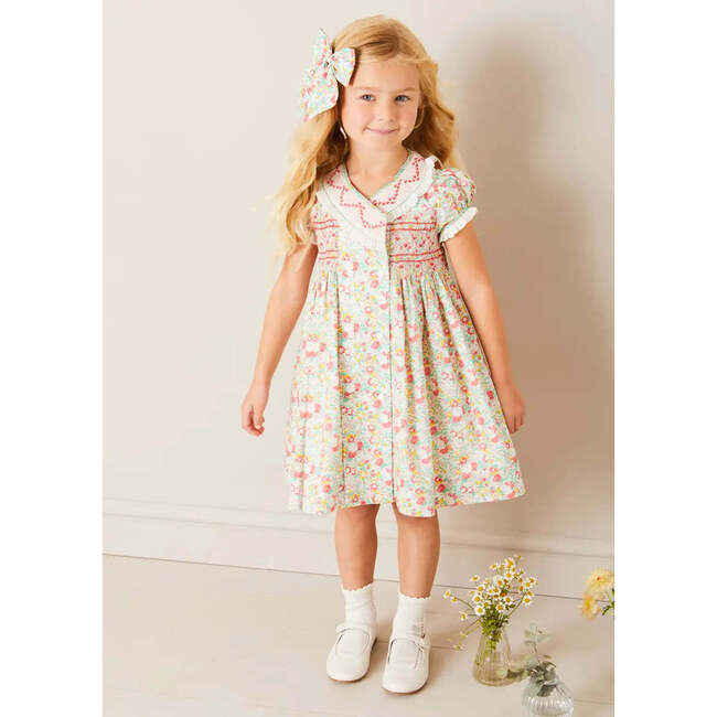 Clementine Floral Hand Smocked Double Breasted Short Sleeve Dress in Coral - Dresses - 4