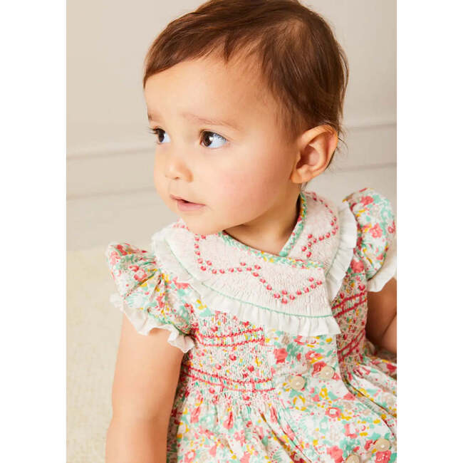 Clementine Floral Hand Smocked Double Breasted Short Sleeve Romper in Coral - Rompers - 5