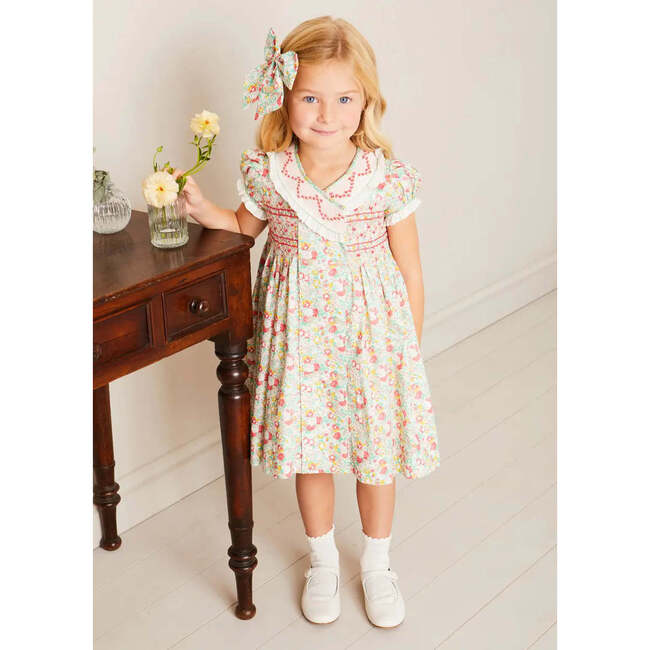 Clementine Floral Hand Smocked Double Breasted Short Sleeve Dress in Coral - Dresses - 5