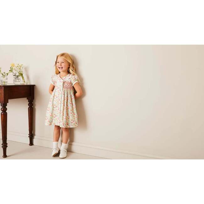 Clementine Floral Hand Smocked Double Breasted Short Sleeve Dress in Coral - Dresses - 6