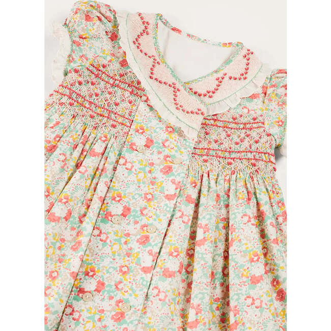 Clementine Floral Hand Smocked Double Breasted Short Sleeve Dress in Coral - Dresses - 7