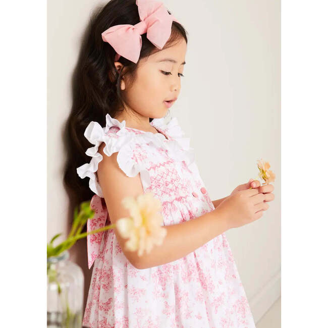 Audrey Toile Hand Smocked Double Breasted Sleeveless Dress in Pink