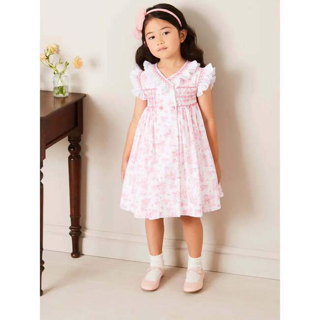 Audrey Toile Hand Smocked Double Breasted Sleeveless Dress in Pink - Dresses - 3